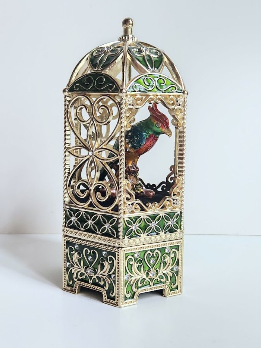 Chestnut Lane Enamel & Rhinestone Encrusted Bird Cage w/ Exotic Bird Music Box